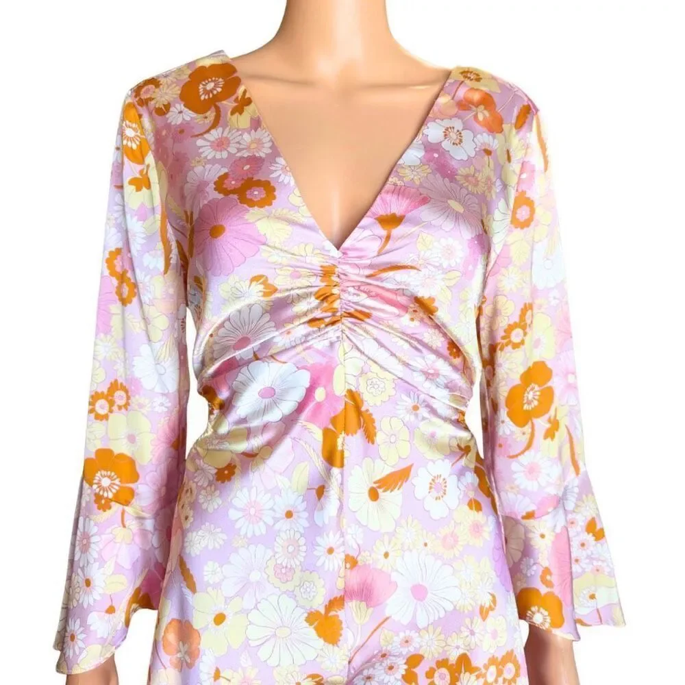 NWT Maje Flower Power Printed Satin Dress Pink Floral Long Sleeve V-Neck 40 US 8
